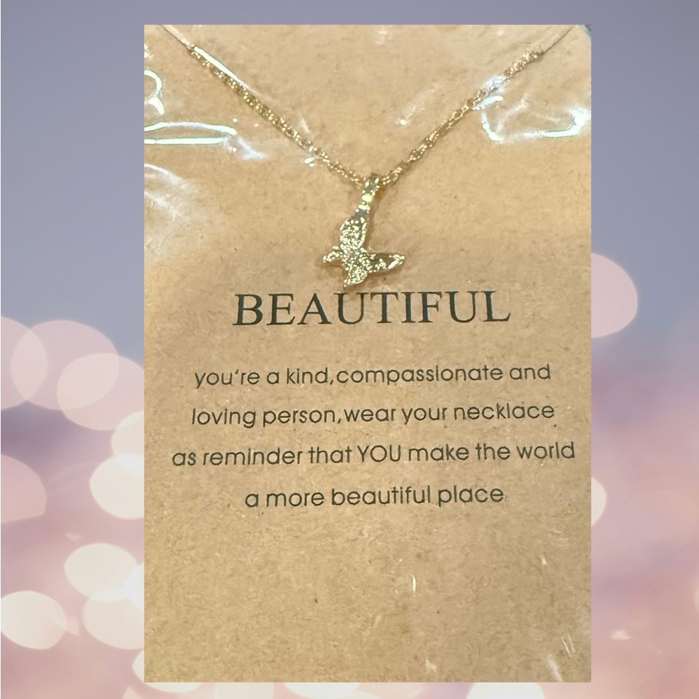 Gold Alloy Butterfly Pendant Chain Necklace with Beautiful Inspiring Message NWT